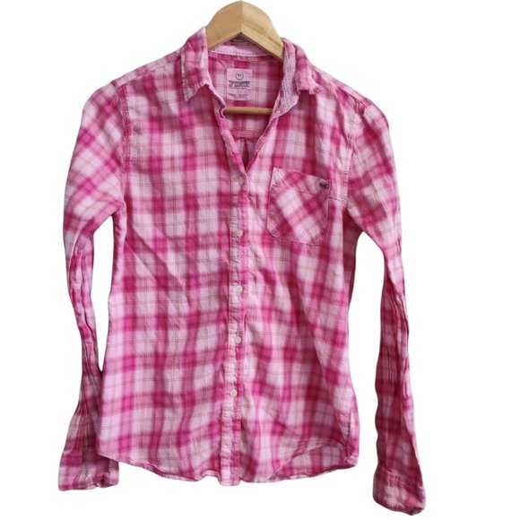 PINK Victoria's Secret Pink Plaid Long Sleeve Button Down Top Size Small - Picture 1 of 5